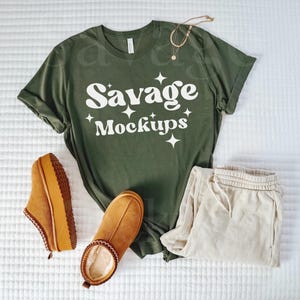 Military Green Bella Canvas 3001 Mockup | Bella Canvas Mockup | Cute Aesthetic Flat Lay | Trendy Outfit Mockup | Military Green Shirt Mockup