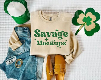 Sand Gildan 18000 Mockup for St. Patrick’s Day | Sand Crewneck Mockup | Folded Flat Lay Mockup | St. Patricks Day Mockup