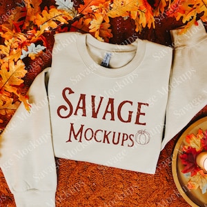 Sand Gildan 18000 Fall Mockup | Fall Sweatshirt Mockup | Folded Sweatshirt | Sand Sweatshirt Mockup | Flat Lay Mockup | Halloween Mockup