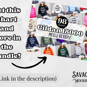 May include: A collage of 98 images of Gildan 18000 sweatshirts in various colors, featuring the text "Your Design Here" on each sweatshirt. The text "98 Images" and "Gildan 18000 Mega Bundle" is also visible.