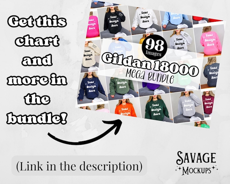 May include: A collage of 98 images of Gildan 18000 sweatshirts in various colors, featuring the text "Your Design Here" on each sweatshirt. The text "98 Images" and "Gildan 18000 Mega Bundle" is also visible.