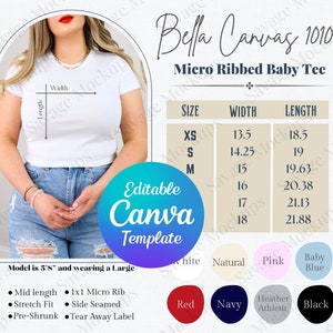Bella Canvas 1010 Tabla de tallas y colores / Bella Canvas Baby Tee Tabla de tallas / Maqueta de tabla de tallas / Tabla de tallas de crop top / Tabla de tallas y colores