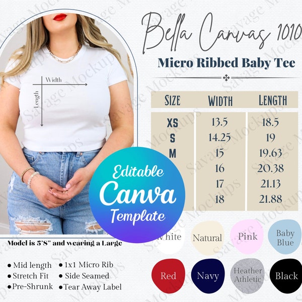 Bella Canvas 1010 Size and Color Chart | Bella Canvas Baby Tee Size Chart | Size Chart Mockup | Crop Top Size Chart | Size and Color Chart