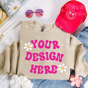 Sand Gildan 18000 Mockup | Sand Crewneck Sweatshirt Mockup | Trendy Mockup | Flat Lay Mockup | Folded Mockup