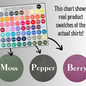May include: A chart showing a variety of colors with the text "Comfort Colors" at the top. Three fabric swatches are shown below the chart, labeled "Moss", "Pepper", and "Berry".