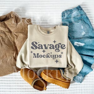 Sand Gildan 18000 Mockup | Sand Crewneck Sweatshirt Mockup | Folded Flat Lay Mockup |  Trendy Clean Mockup | Winter Fall Outfit Mockup