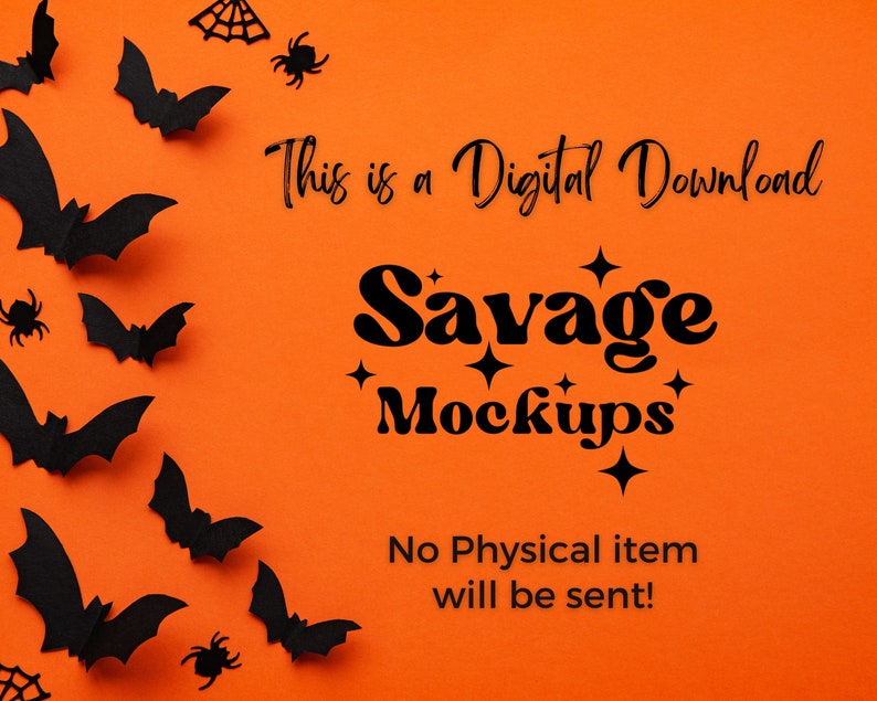 Op de afbeelding: Oranje achtergrond met zwarte vleermuizen en spinnen. De tekst luidt "Dit is een digitale download Savage Mockups Er wordt geen fysiek item verzonden!"