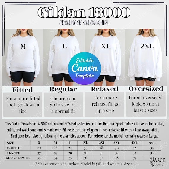 Gildan 18000 Size Chart | Gildan Size Chart | Size Chart Mockup | Sweatshirt Mockup | Oversized Size Chart Mockup | Unisex Shirt Mockup