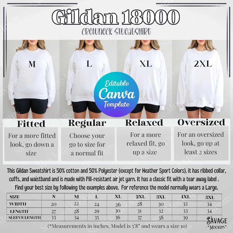 May include: A size chart for Gildan 18000 crewneck sweatshirts, showing the different sizes and fits available: fitted, regular, relaxed, and oversized. The chart includes measurements for width, length, and sleeve length in inches.