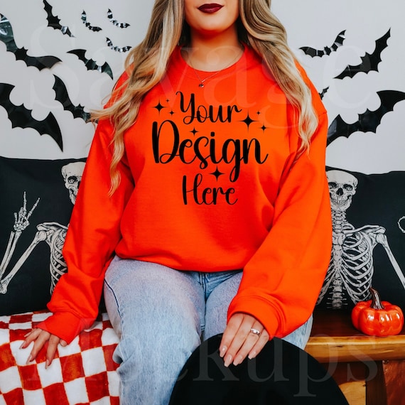 Orange Gildan 18000 Sweatshirt Halloween Mockup Halloween Sweatshirt Mockup Orange Halloween Sweatshirt Mockup Gothic Mockup