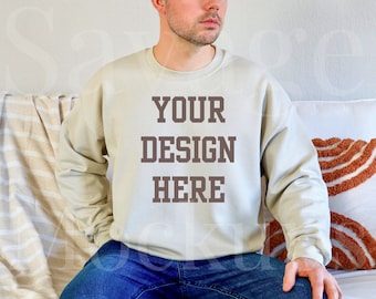 Mens Gildan 18000 Sand mockup | Gildan 18000 Mockup | Mens Crewneck Sweatshirt Mockup | Sand Sweatshirt Mockup | Male Model Mockup
