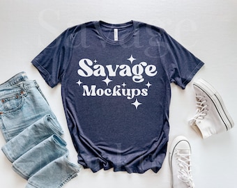 Heather Navy Bella Canvas 3001 Mockup | Bella Canvas Mockup | Heather Navy Shirt Mock | Simple Clean Flat Lay | Bella Canvas Flat Lay