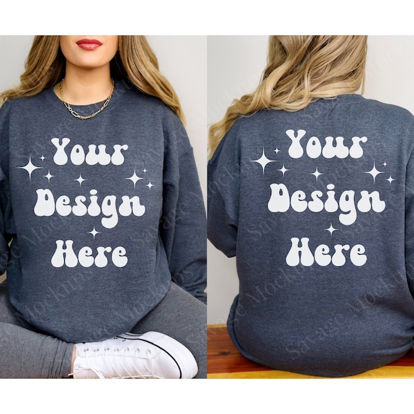 Front and Back of Dark Heather Gildan 18000 Mockup | Sweatshirt Mockup | Dark Heather Sweatshirt Mockup | Back of Sweatshirt Mockup