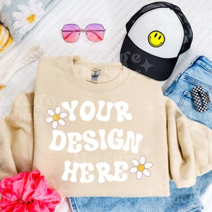 Sand Gildan 18000 Mockup | Crewneck Sweatshirt Mockup | Trendy Mockup | Flat Lay Mockup | Folded Mockup | Girly Preppy Mockup