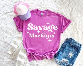 Gildan 5000 Heather Radiant Orchid Mockup | H. Radiant Orchid Gildan Mockup | Flat Lay Mockup | Trendy Outfit Mockup | Summer Shirt Mockup