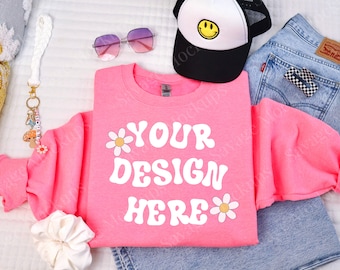 Gildan 18000 Safety Pink Mockup | Mockup bluzy z okrągłym dekoltem | Modny mockup | Mockup płaski | Mockup złożony