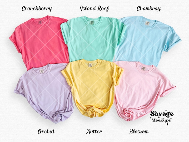 Puede incluir: Seis camisetas en blanco de diferentes colores: Crunhberry (rosa), Island Reef (azul claro), Chambray (azul claro), Orchid (lila claro), Butter (amarillo) y Blossom (rosa claro).