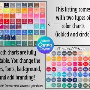 May include: Two color charts for t-shirt colors. The first chart is a folded chart with a white background and the second chart is a circle chart with a gray background. Both charts are fully editable. You change the colors, fonts, background, and add branding!  Edit with Canva or other software of your choice.