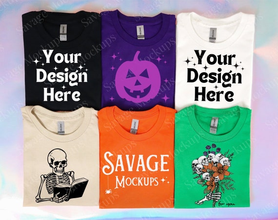 Halloween Gildan 5000 Mockup | Group Flat Lay | Gildan Halloween Shirts | Black, Purple, and Orange Gildan 5000 Shirts | Tshirt Mockup