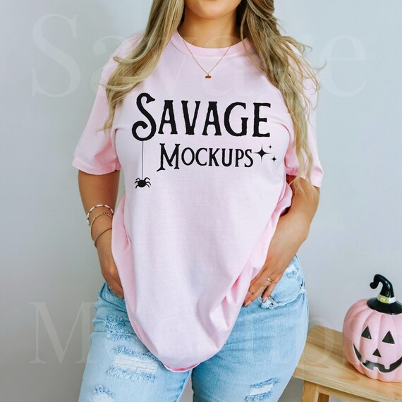 Blossom Comfort Colors Halloween Mockup | Pink Comfort Colors 1717 Mockup | Pink Halloween Shirt Mockup | Trendy Model Mockup