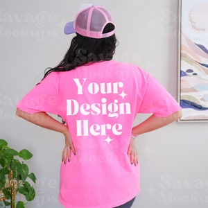 Back of Comfort Colors NEON PINK Mockup | C1717 Shirt Mockup | Back of Shirt Mockup | Model Mockup | Pink Shirt Mockup | Trendy Mockup