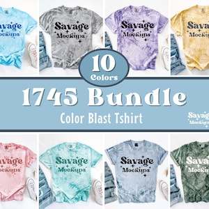 Peut inclure: Un lot de 10 t-shirts color blast avec le texte "Savage Mockups" imprimé sur chaque t-shirt. Les t-shirts sont de différentes couleurs, notamment bleu, gris, violet, jaune, rose, vert et turquoise.
