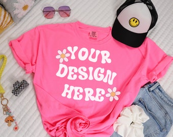 Comfortkleuren Neonroze Mockup | C1717-model | Trendy model | Plat liggend model | Preppy overhemdmodel | Roze shirtmodel