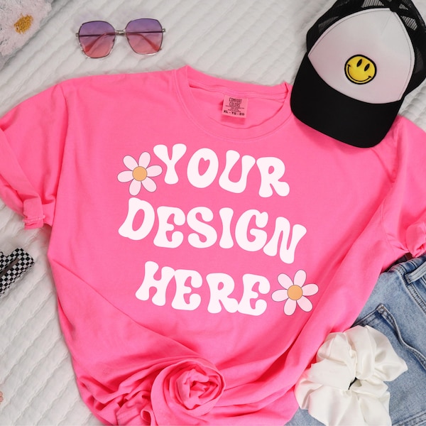 Comfort Colors Neon Pink Mockup | C1717 Mockup | Trendy Mockup | Flat Lay Mockup | Preppy Shirt Mockup | Pink Shirt Mockup