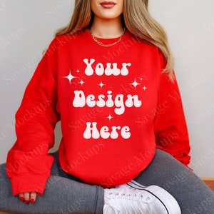 Red Gildan 18000 Mockup | Sweatshirt Mockup | Red Sweatshirt Mockup | Model Mockup | Trendy Mockup | Gildan 18000 Mockup