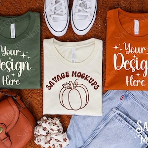 Fall Bella Canvas Mockup Trio | Folded Shirts in Military Green, Ivory, Autumn | Fall Mockup | Halloween Bella Canvas Mockup | Group Mockup