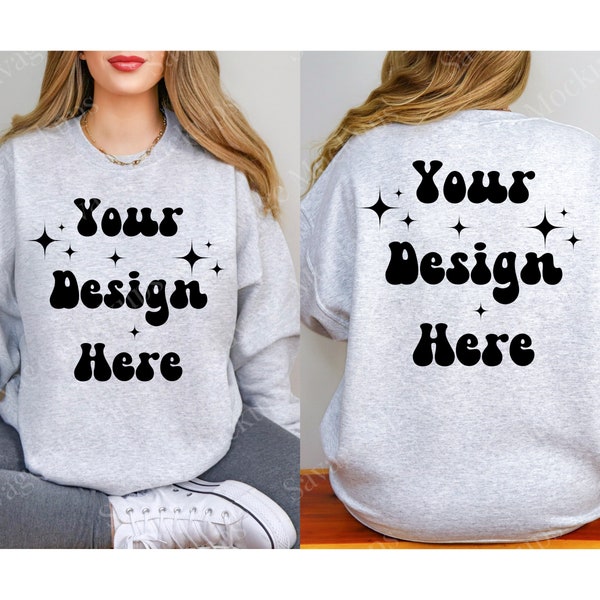 Front and Back of Ash Gildan 18000 Mockup | Sweatshirt Mockup | Ash Sweatshirt Mockup | Back of Sweatshirt Mockup