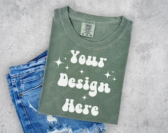 Moss Comfort Farben Mockup | Moos 1717 Mockup | Gefaltetes Shirt Mockup | Flaches Mockup | Grünes Shirt Mockup | Unisex Shirt Mockup