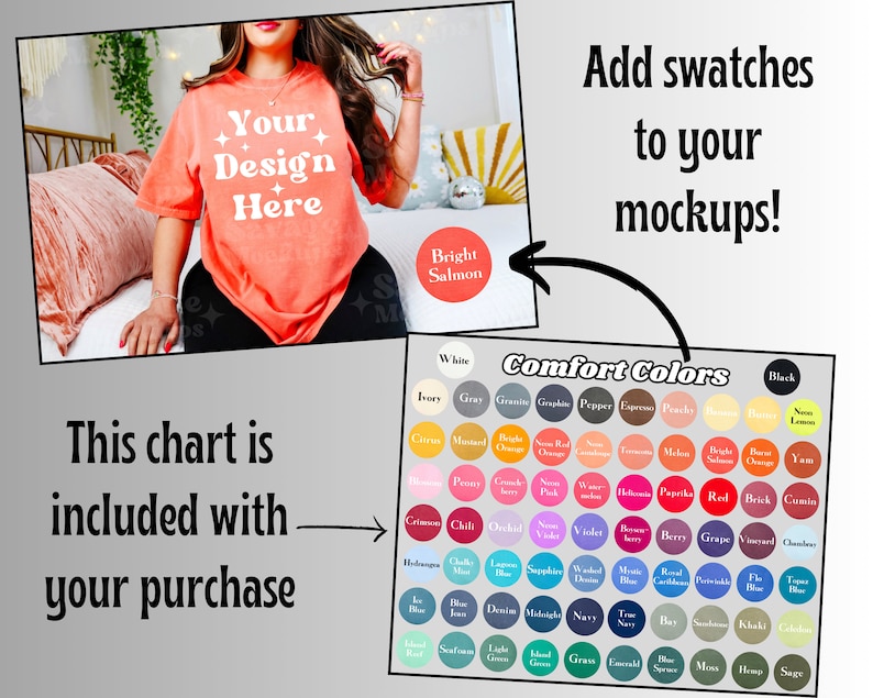May include: A chart of 64 different color swatches labeled "Comfort Colors". The colors are arranged in rows and columns. The chart is labeled with the text "This chart is included with your purchase".