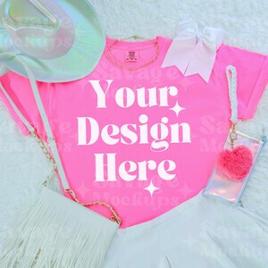 Comfort Colors Neon Pink 1717 Mockup | Comfort Colors Mockup | Neon Pink Shirt Mockup | Trendy Mockup | Flat Lay Mockup | Girly Shirt Mockup