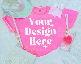 Comfortkleuren neonroze 1717 mockup | Mockup comfortkleuren | Neonroze shirtmodel | Trendy mock-up | Platliggend mock-up | Mockup voor meisjesachtig shirt