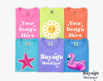 Bright Comfort Colors 1717 Group Mockup | Neon Pink, Neon Lemon, Melon, Lagoon Blue, Violet, Royal Caribbean mockup | Folded Shirt Mockup