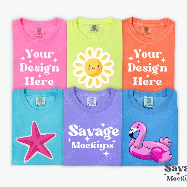 Bright Comfort Colors 1717 Group Mockup | Neon Pink, Neon Lemon, Melon, Lagoon Blue, Violet, Royal Caribbean mockup | Folded Shirt Mockup