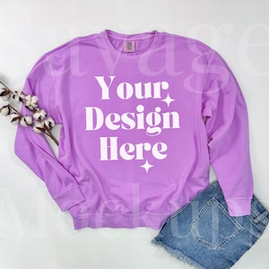 Comfort Colors 1466 Sweatshirt Mockup | Neon Violet 1466 Mockup | Comfort Colors Lightweight Sweatshirt Mockup | Neon Violet Mockup
