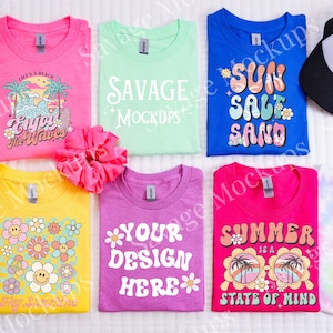Summer Gildan 5000 Mockup | Trendy Gildan Flat Lay | Group Shirt Mockup | Folded Shirt Mockup | Preppy Mockup | Bright Shirts Mockup