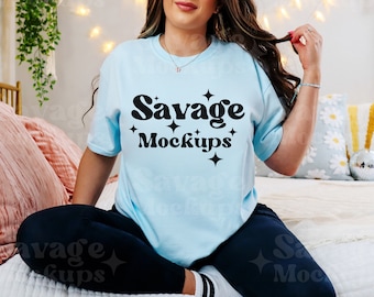 Chambray Comfort Colors 1717 Mockup | Comfort Colors Mockup | Chambray Blue Shirt Mockup | Trendy Lifestyle Aesthetic Mockup | Model Mockup