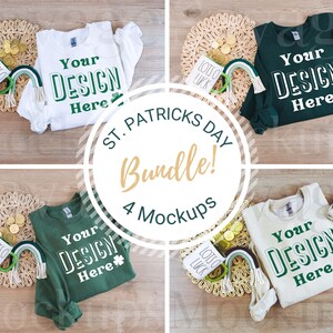May include: Four St. Patrick's Day themed mockups featuring green and white long-sleeved shirts with the text "Your Design Here" and a shamrock. Each shirt is displayed on a wooden surface with a woven straw mat, gold coins, a green rainbow, and a mug that says "Lots O Luck".