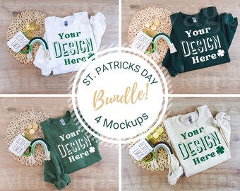 Maquette Gildan Bundle 1800 pour la Saint-Patrick | Maquette Gildan 18000 | Sweat-shirt vert à col rond | Maquette à plat | Maquette pliée