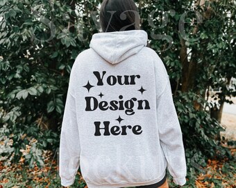 Ash Gildan 18500 Back Mockup | Trendy Hoodie Mockup | Outdoor Mockup | Hooded Sweatshirt Mockup | Ash Hoodie mockup | Gildan Mockup