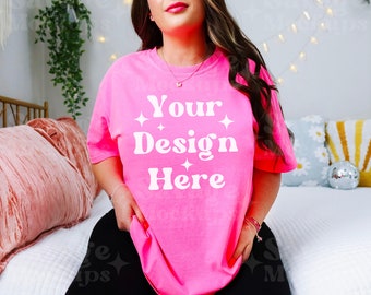 Neon Pink Comfort Colors 1717 Mockup | Comfort Colors Mockup | Neon Pink Mockup | Trendy Lifestyle Aesthetic Mockup | Model Mockup
