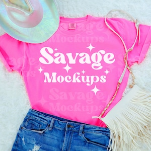 Neon Pink Comfort Colors 1717 Mockup | Comfort Colors Mockup | Neon Pink Shirt Mockup | Trendy Mockup | Flat Lay Mockup | Girly Shirt Mockup