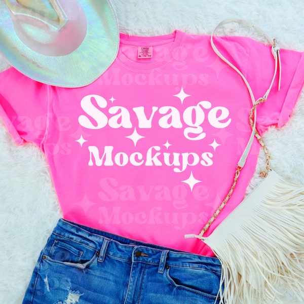 Neon Pink Comfort Colors 1717 Mockup | Comfort Colors Mockup | Neon Pink Shirt Mockup | Trendy Mockup | Flat Lay Mockup | Girly Shirt Mockup