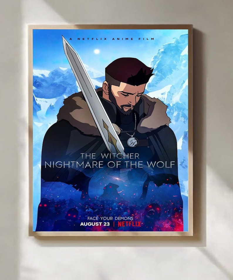 May include: A framed poster for "The Witcher: Nightmare of the Wolf," a Netflix anime film. The artwork depicts a male character with a sword, set against a backdrop of mountains and a battle scene. The poster includes the Netflix logo and release date.