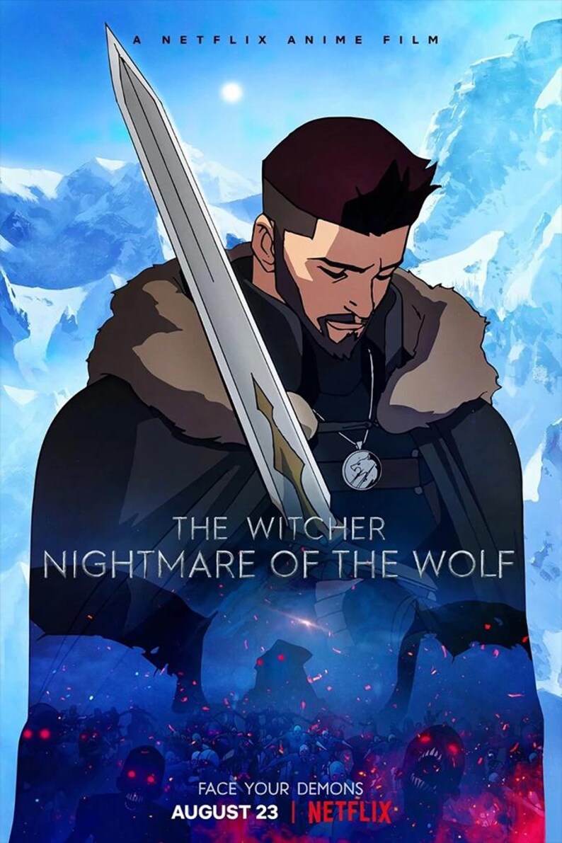 May include: Poster for the anime film "The Witcher: Nightmare of the Wolf." A man with a sword is set against a snowy mountain scene. The poster includes the Netflix logo and the release date.