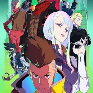 May include: A vibrant anime-style poster featuring characters from Cyberpunk: Edgerunners. The artwork showcases a diverse group of individuals with futuristic attire, weapons, and hairstyles. The title "Cyberpunk Edgerunners" is prominently displayed at the bottom.