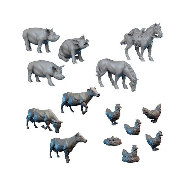 D&D Animaux de la ferme Donjons et Dragons D&D 28 mm 32 mm Porcs miniatures Cheval Poulets Vaches pour RPG de table Jeux de guerre fantastiques Terrain de dispersion